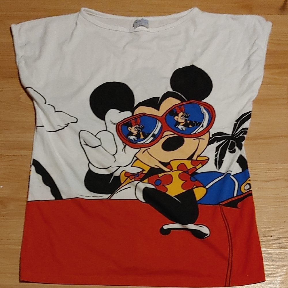 80s Disney Mickey Mouse Sunglasses T-Shirt - White, Black, and Red Sz M